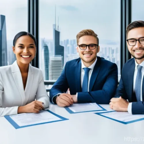 FRM 자격증 관련 FAQ - A diverse group of finance professionals, confidently dressed in sleek business attire, gather in a ...