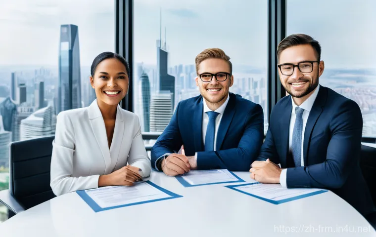 FRM 자격증 관련 FAQ - A diverse group of finance professionals, confidently dressed in sleek business attire, gather in a ...