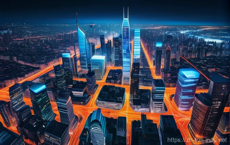 재무위험관리사가 알아야 할 빅데이터 개념 - **Prompt:** A sprawling, futuristic cityscape viewed from a high vantage point at night. The city is...