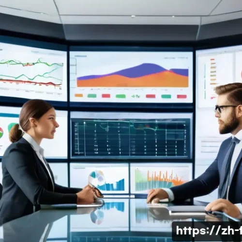 재무위험관리사로서 성장하는 법 - A modern financial risk management office scene, featuring a diverse team of professionals in busine...