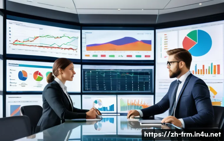 재무위험관리사로서 성장하는 법 - A modern financial risk management office scene, featuring a diverse team of professionals in busine...