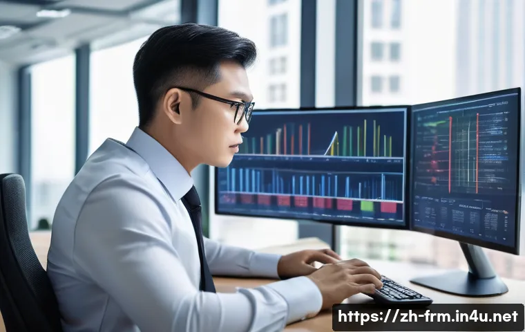 재무위험관리사 직무 인터뷰 - A professional financial risk manager in a modern office setting, analyzing complex data on multiple...
