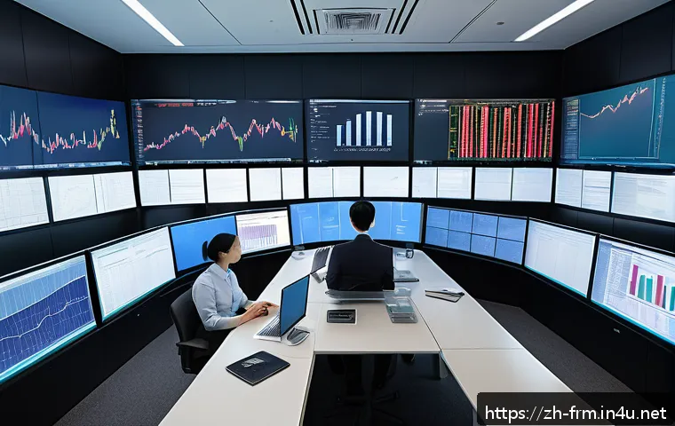 FRM 과목별 기출문제 분석 - A modern financial risk management office scene showing a diverse group of professionals analyzing c...