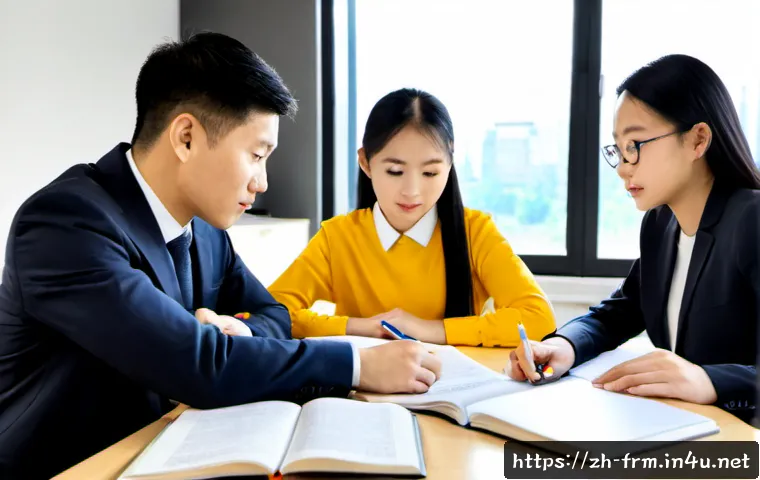 FRM 시험 대비를 위한 스터디 그룹 활용 - Photorealistic study group of four diverse young finance professionals preparing for a rigorous risk...