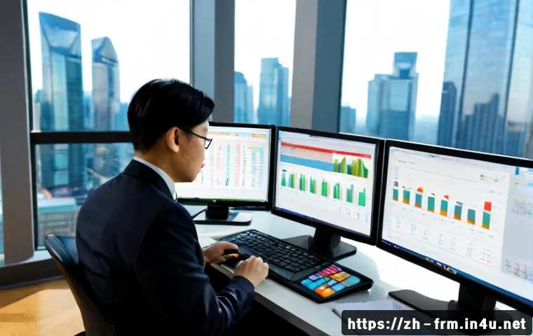 재무위험관리사의 하루 일과 - Photorealistic financial risk manager beginning the workday in a modern high-rise office, focused pr...
